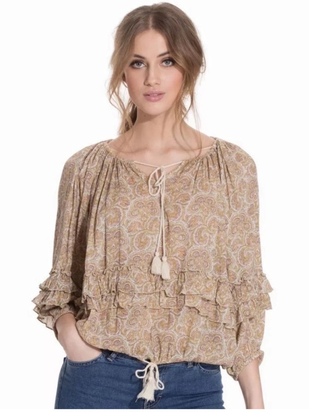 RALPH LAUREN DENIM SUPPLY RL BOHO Ruffle Tassel Peasant Blouse Brown Paisley SML